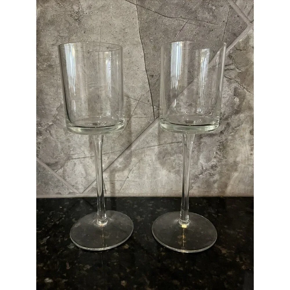 Long Stem Tall Crystal Pillar Votive Candle Holder Etched Flowers Set of 2